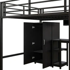 Lit mezzanine 140x200 cm avec armoire étagères bureau et échelle noire sans matelas