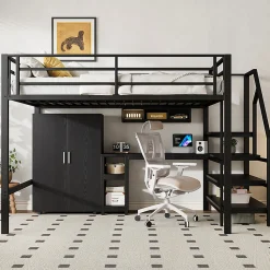 Lit mezzanine 140x200 cm avec armoire étagères bureau et échelle noire sans matelas