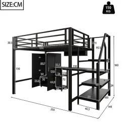 Lit mezzanine 140x200 cm avec armoire étagères bureau et échelle noire sans matelas