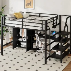 Lit mezzanine 140x200 cm avec armoire étagères bureau et échelle noire sans matelas