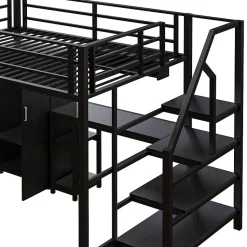 Lit mezzanine 140x200 cm avec armoire étagères bureau et échelle noire sans matelas