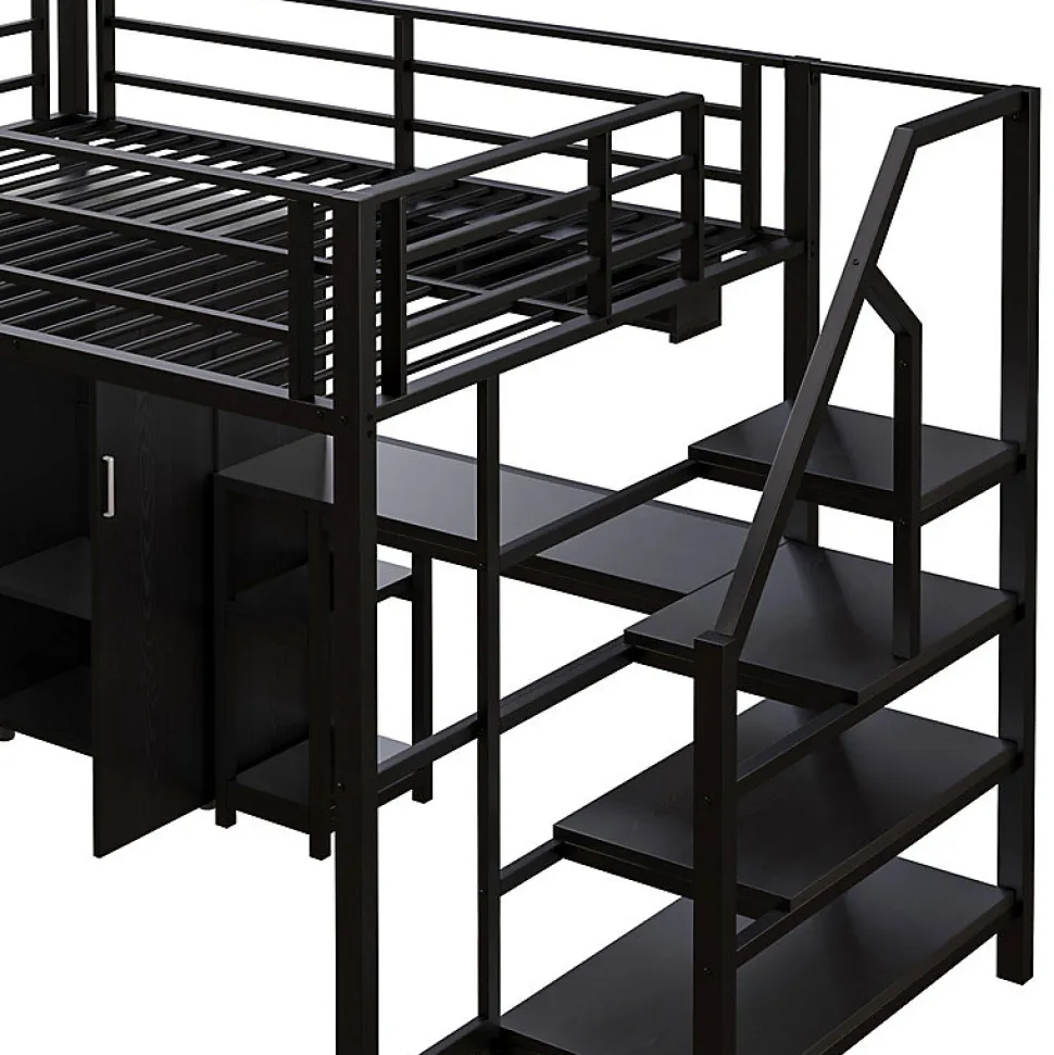 Lit mezzanine 140x200 cm avec armoire étagères bureau et échelle noire sans matelas