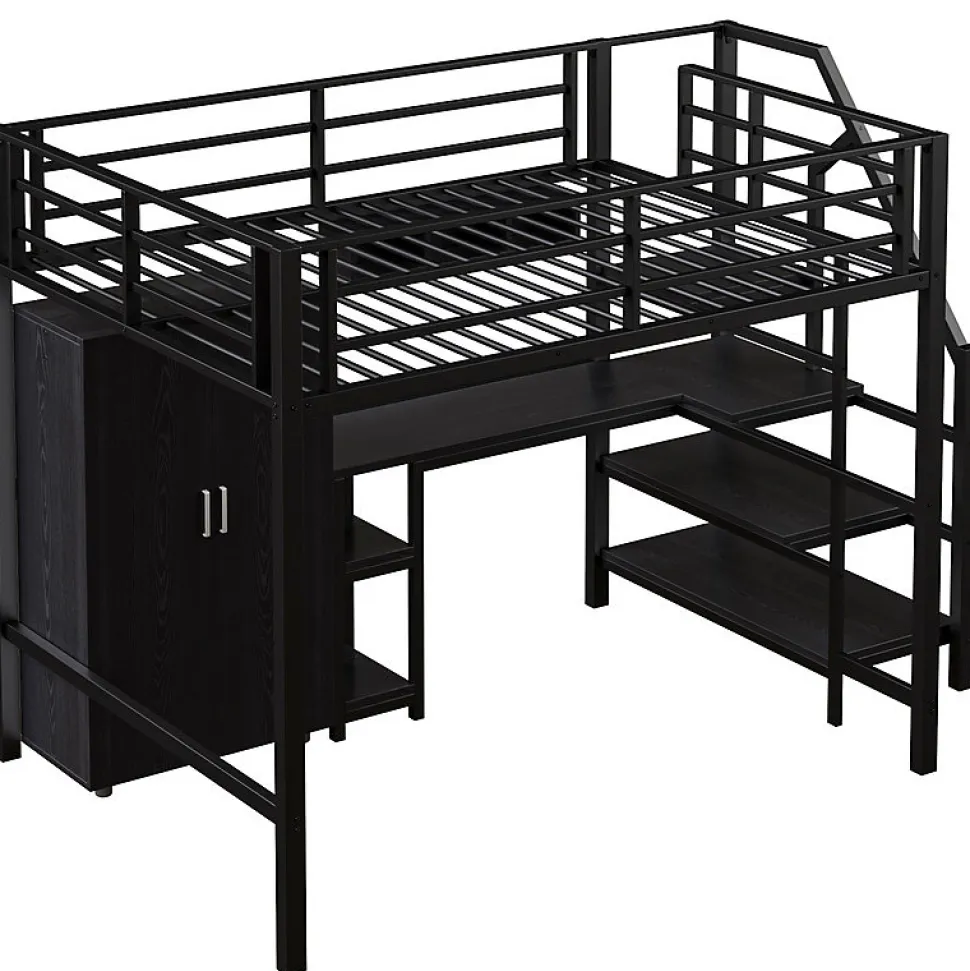 Lit mezzanine 140x200 cm avec armoire étagères bureau et échelle noire sans matelas