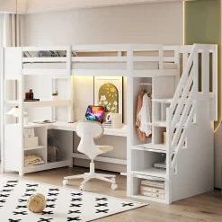 Lit mezzanine 90x200 cm avec armoire et bureau - avec escalier et prises électriques - LED - blanc (sans matelas)