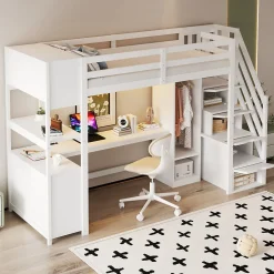 Lit mezzanine 90x200 cm avec armoire et bureau - avec escalier et prises électriques - LED - blanc (sans matelas)