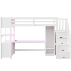 Lit mezzanine 90x200 cm avec armoire et bureau - avec escalier et prises électriques - LED - blanc (sans matelas)