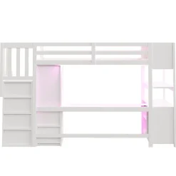 Lit mezzanine 90x200 cm avec armoire et bureau - avec escalier et prises électriques - LED - blanc (sans matelas)