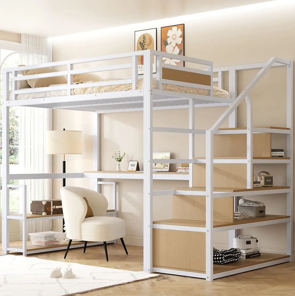 Lit Mezzanine 140x200 cm avec Bureau et Rangement, Métal+MDF, Blanc - Sans Matelas