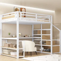 Lit Mezzanine 140x200 cm avec Bureau et Rangement, Métal+MDF, Blanc - Sans Matelas