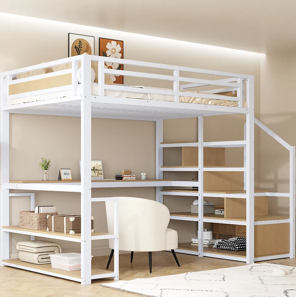 Lit Mezzanine 140x200 cm avec Bureau et Rangement, Métal+MDF, Blanc - Sans Matelas
