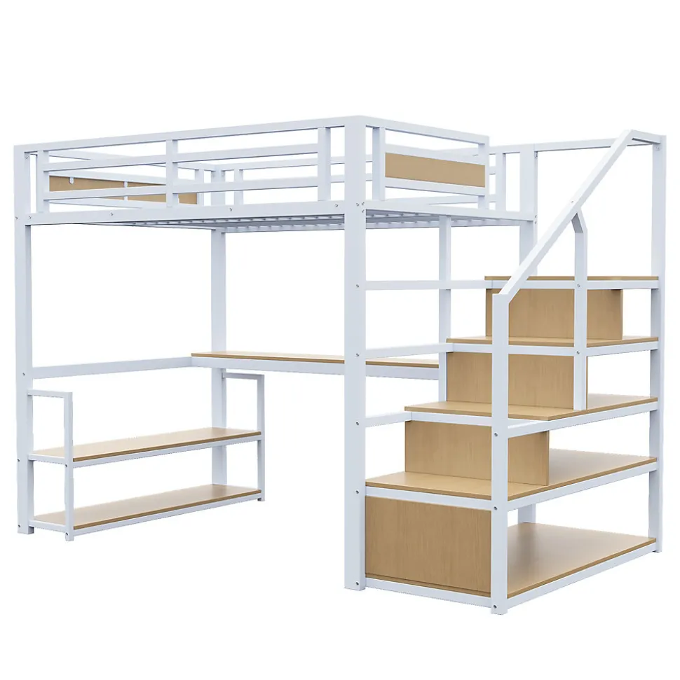 Lit Mezzanine 140x200 cm avec Bureau et Rangement, Métal+MDF, Blanc - Sans Matelas