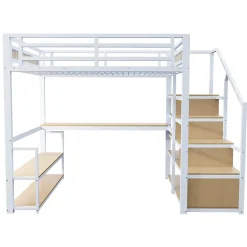Lit Mezzanine 140x200 cm avec Bureau et Rangement, Métal+MDF, Blanc - Sans Matelas