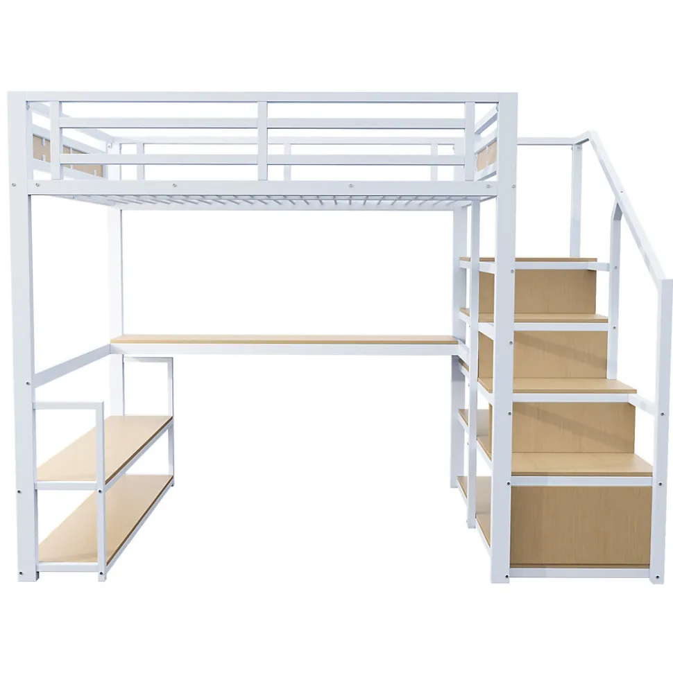 Lit Mezzanine 140x200 cm avec Bureau et Rangement, Métal+MDF, Blanc - Sans Matelas