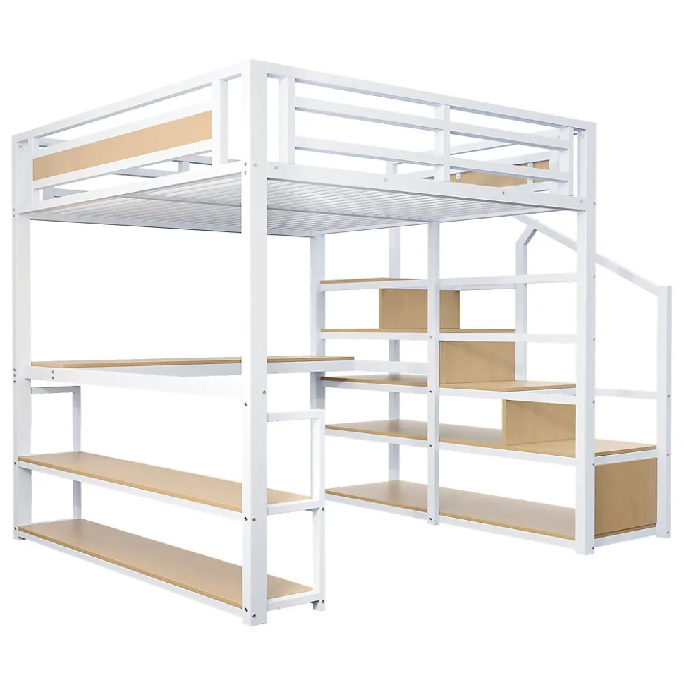 Lit Mezzanine 140x200 cm avec Bureau et Rangement, Métal+MDF, Blanc - Sans Matelas