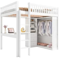 Lit mezzanine 140x200 cm avec bureau intégré, armoire et 3 tiroirs fonctionnels en pin blanc