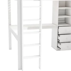 Lit mezzanine 140x200 cm avec bureau intégré, armoire et 3 tiroirs fonctionnels en pin blanc