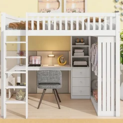 Lit mezzanine 140x200 cm avec bureau intégré, armoire et 3 tiroirs fonctionnels en pin blanc