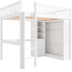 Lit mezzanine 140x200 cm avec bureau intégré, armoire et 3 tiroirs fonctionnels en pin blanc
