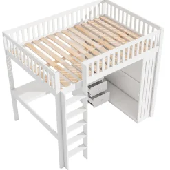 Lit mezzanine 140x200 cm avec bureau intégré, armoire et 3 tiroirs fonctionnels en pin blanc