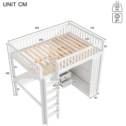 Lit mezzanine 140x200 cm avec bureau intégré, armoire et 3 tiroirs fonctionnels en pin blanc