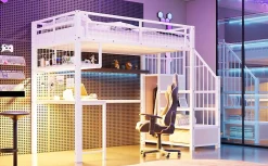 Lit mezzanine 90x200 cm avec bureau intégré, étagères et marche de rangement, structure métal blanche
