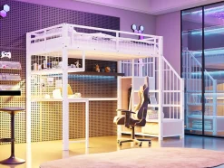 Lit mezzanine 90x200 cm avec bureau intégré, étagères et marche de rangement, structure métal blanche