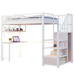 Lit mezzanine 90x200 cm avec bureau intégré, étagères et marche de rangement, structure métal blanche