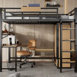 Lit mezzanine 90x200 cm avec bureau et étagère - armoire à portes doubles et échelle - Métal+MDF - Noir+Naturel (sans matelas)