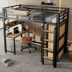 Lit mezzanine 90x200 cm avec bureau et étagère - armoire à portes doubles et échelle - Métal+MDF - Noir+Naturel (sans matelas)