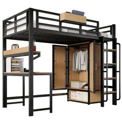 Lit mezzanine 90x200 cm avec bureau et étagère - armoire à portes doubles et échelle - Métal+MDF - Noir+Naturel (sans matelas)