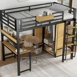 Lit mezzanine 90x200 cm avec bureau et étagère - armoire à portes doubles et échelle - Métal+MDF - Noir+Naturel (sans matelas)