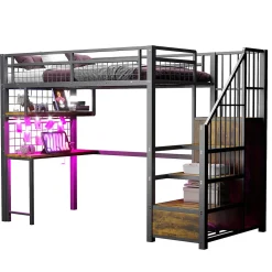 Lit mezzanine 90x200 cm avec bureau intégré, étagères et échelle de rangement en métal noir pour chambre ado