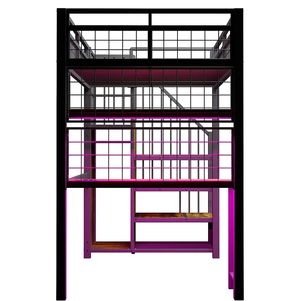 Lit mezzanine 90x200 cm avec bureau intégré, étagères et échelle de rangement en métal noir pour chambre ado