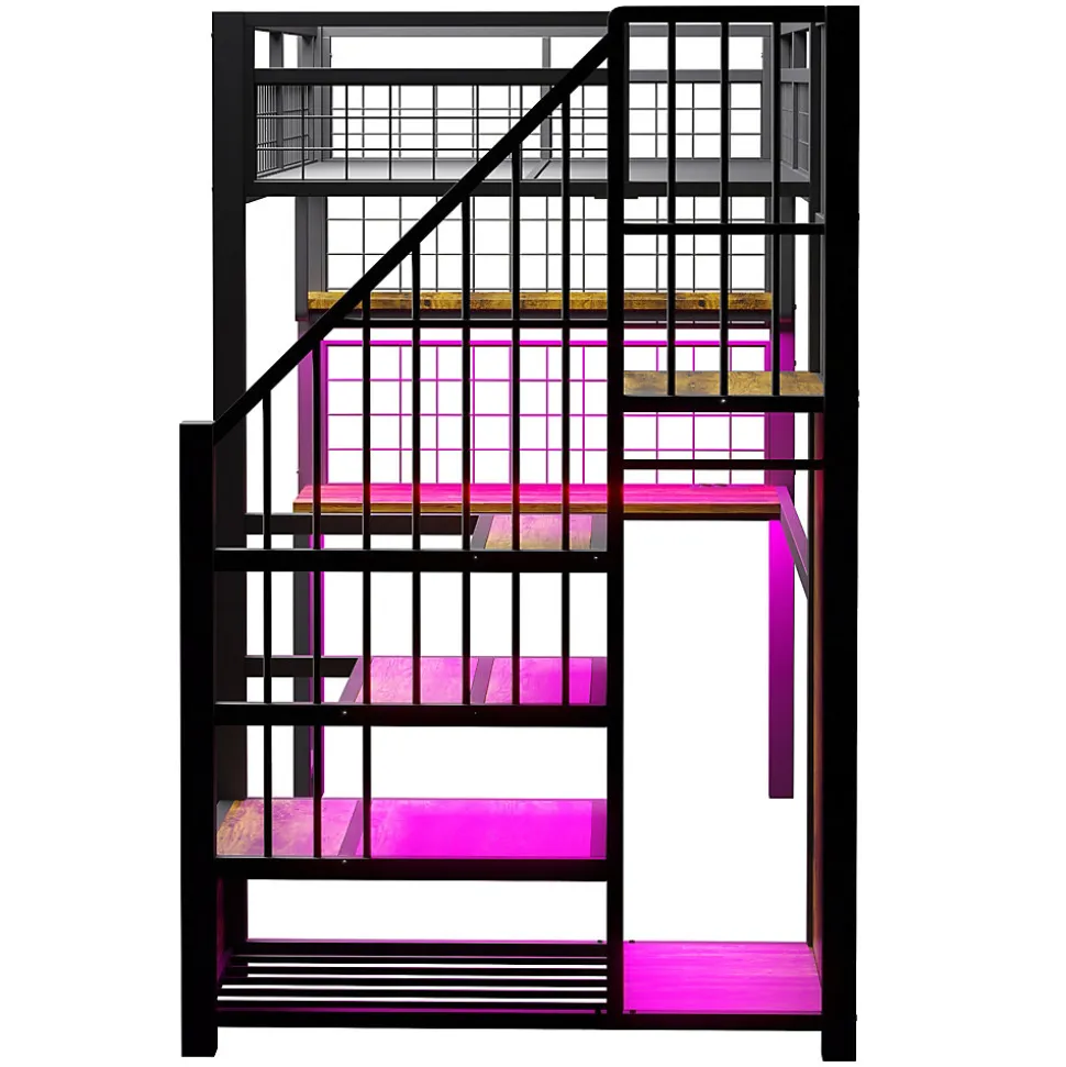 Lit mezzanine 90x200 cm avec bureau intégré, étagères et échelle de rangement en métal noir pour chambre ado