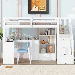 Lit mezzanine 90x200 cm avec bureau integre tiroirs et etageres structure pin et MDF blanc