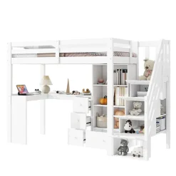 Lit mezzanine 90x200 cm avec bureau integre tiroirs et etageres structure pin et MDF blanc