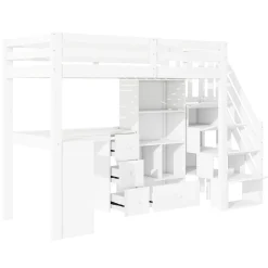 Lit mezzanine 90x200 cm avec bureau integre tiroirs et etageres structure pin et MDF blanc