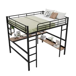 Lit mezzanine 140x200 cm avec bureau et étagères intégrées, cadre métal noir fonctionnel