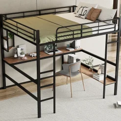 Lit mezzanine 140x200 cm avec bureau et étagères intégrées, cadre métal noir fonctionnel