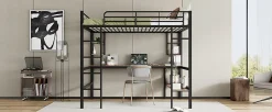Lit mezzanine 140x200 cm avec bureau et étagères intégrées, cadre métal noir fonctionnel