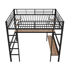 Lit mezzanine 140x200 cm avec bureau et étagères intégrées, cadre métal noir fonctionnel