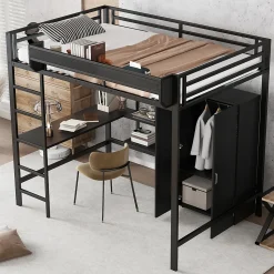 Lit mezzanine 140x200 cm avec bureau et étagère de rangement - avec garde-robe - Métal + MDF - Noir (sans matelas)