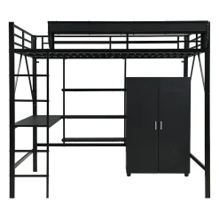 Lit mezzanine 140x200 cm avec bureau et étagère de rangement - avec garde-robe - Métal + MDF - Noir (sans matelas)