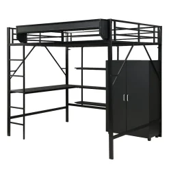 Lit mezzanine 140x200 cm avec bureau et étagère de rangement - avec garde-robe - Métal + MDF - Noir (sans matelas)