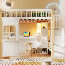 Lit mezzanine 140x200 cm avec bureau et escalier de rangement - lit ado gain de place - pin MDF blanc naturel - sans matelas