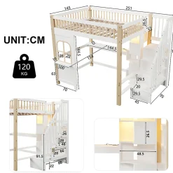 Lit mezzanine 140x200 cm avec bureau et escalier de rangement - lit ado gain de place - pin MDF blanc naturel - sans matelas