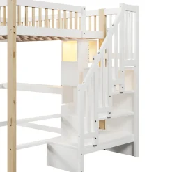 Lit mezzanine 140x200 cm avec bureau et escalier de rangement - lit ado gain de place - pin MDF blanc naturel - sans matelas