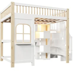 Lit mezzanine 140x200 cm avec bureau et escalier de rangement - lit ado gain de place - pin MDF blanc naturel - sans matelas