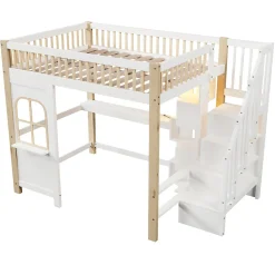 Lit mezzanine 140x200 cm avec bureau et escalier de rangement - lit ado gain de place - pin MDF blanc naturel - sans matelas