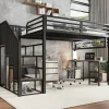 Lit mezzanine 120x200 cm avec bureau et étagère - escaliers avec rampes - Métal+panneaux de particules - Noir (sans matelas)